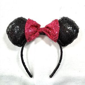 DISNEY Black Sequins Minnie Mouse Ears with Red Shimmer Satin Bow Headband